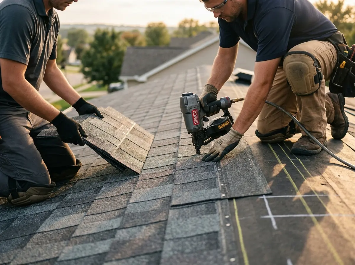 Professional roofer working on a residential roof in Hales Corners
